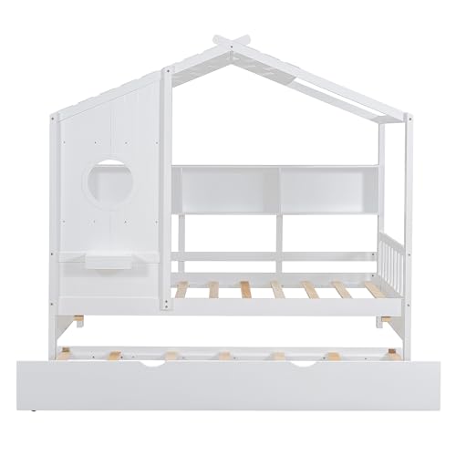 Image of Twin Size House Bed with Roof and Window for Kids, Wooden Playhouse Bed with Storage Shelves and Trundle for Bedroom Furniture Girls & Boys (White /T1)