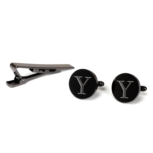 Image of Mens Initial Cufflinks and Tie Clip A-Z Alphabet Letter Black Stainless Cuff Links Tie Bar with Engraved Walnut Wood Box Groom Groomsman Wedding Set