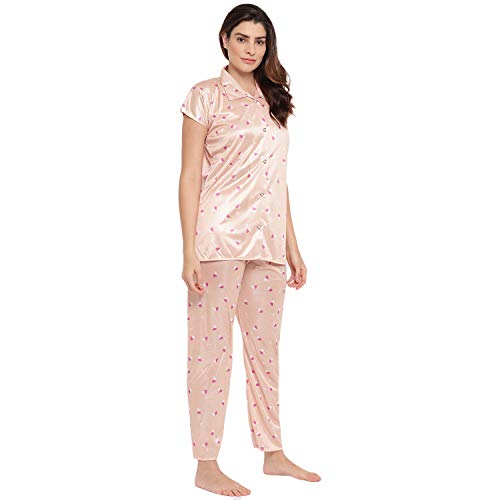 Image of Printed Night Suit for Women - Printed Satin Shirt and Pyjama Set (Front Open Collar Night Suit)