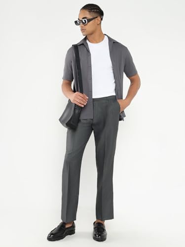 Image of SHOWOFFFF Men Solid Formal Trousers | Viscose Rayon Trouser for Mens | Low-Rise Loose Fit Cropped Trousers for Men's