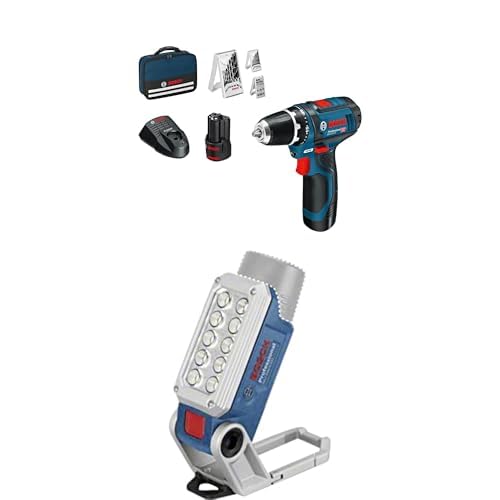 Bosch Professional 12V System Akku Bohrschrauber GSR 12V-15 (inkl. 2x2.0 Akku, Ladegerät, 39tlg.-Zubehör-Set, Werkzeugtasche) + Bosch 12V System Akku LED-Lampe GLI 12V-330
