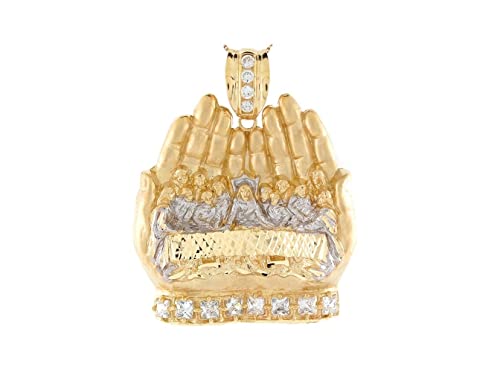 10K Two Tone Gold White Cz 6.5Cm Last Supper Hands Religious Charm Pendant #TOP28