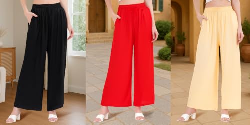 Image of Buy That Trendz Palazzo Pants for Women Rayon Elasticated Regular Fit Flared Wide Leg M to 6XL Pack of 3