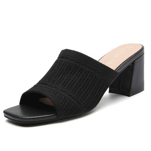 Tilocow Knit Heeled Sandals Chunky Low Block Heel Mules for Women Square Open Toe Heels Slip On Breathable Slides Sandal2
