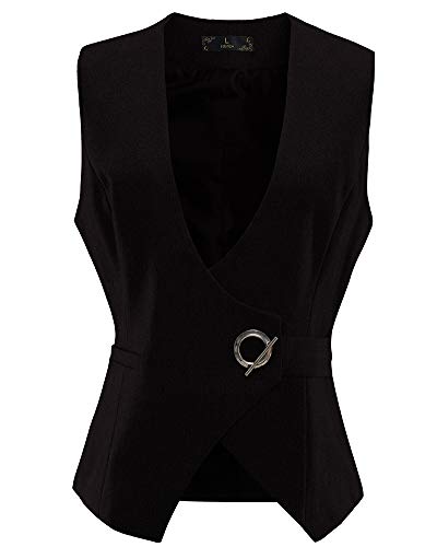 V VOCNI Women's Fully Lined V-Neck Side Belt Sleeveless Slim Fit Dressy Suit Vest Waistcoat,Black, US S-Tag XL