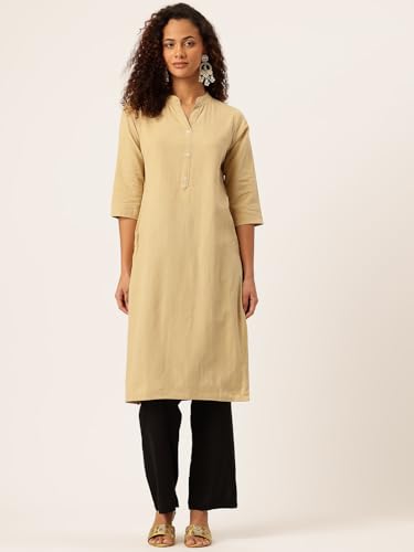 Image of feranoid Women's Plain Cotton Kurta with Mandarin Collar, 3 /4 Sleeves & Pocket