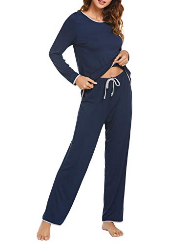 Ekouaer Women's Pj Set Sleepwear Two Piece Pajamas Tops with Long Sleep Pants Pjs Loungewear Navy Blue