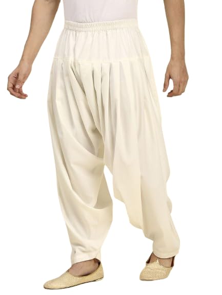 White Cotton Patiala Pants, Traditional Indian Style, Elastic Waistband, Pleated Design, Casual Wear