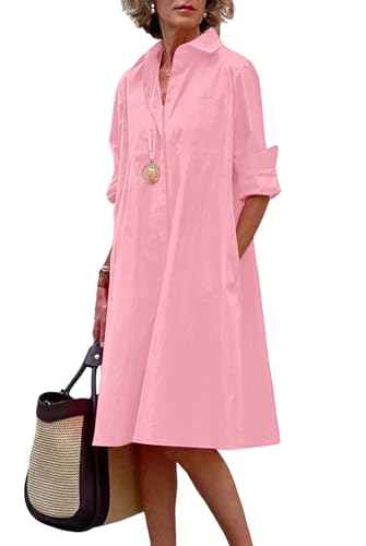 Image of chouyatou Women's Spring Summer Button-Down Shirt Dress Loose A-Line Midi Shift Tunic Dress