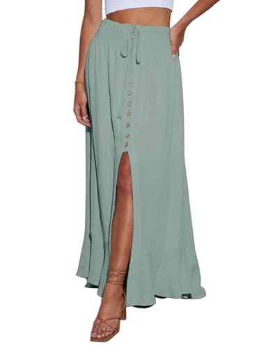 Image of Minclouse Women's Elastic Tie Waist Button Down Maxi Skirts Casual Loose Flowy Swing Slit Front Dress