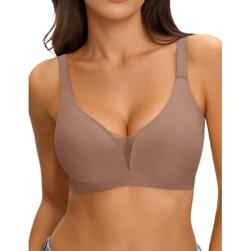 LUCKMEEY Jelly Bras for Women No Underwire V Mesh Push Up Bralette with W-Shape Support, Wireless Seamless Bra (U/Cross) Coffee Large