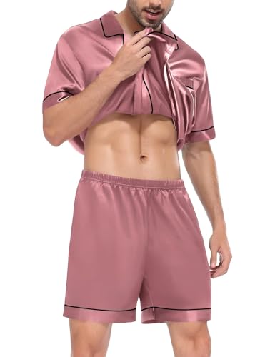Image of SWOMOG Satin Matching Pajamas Sets Couple Silk Button Down Nightwear Men & Women Short Sleeve Sleepwear 2 Pieces Loungewear Misty Rose