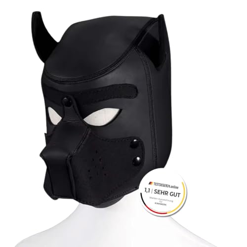KINKWERK Hundemaske aus Neopren für Petplay, Cosplay, Puppy Play und Party | Weiche und dehnbare Puppy Maske mit Welpenohren (Schwarz, L)