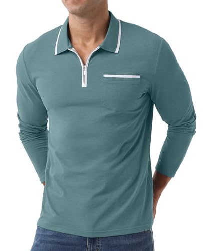 Askdeer Men's Polo Shirts Zip Long Sleeve Classic T-Shirts Casual Golf Shirts Stylish Collared Tee2