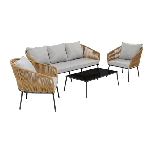 Image of Amazon Brand - Solimo Solix Outdoor Rope Sofa Set | Balcony Sofa | Patio Conversation Sets | Braided Rope Garden Sofa Set and Center Table (5 Seater-Beige)
