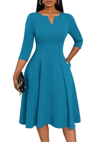 Image of Nmoder Midi Dresses for Women A-Line Fit and Flare Dress 3 /4 Sleeve V Neck Cocktail Wedding Guest Work Dress with Pockets