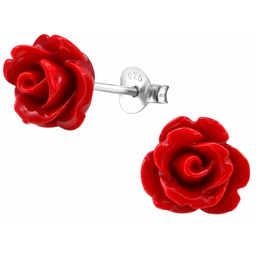 Image of Zenvie Deep Red Rose Stud Earrings - 925 Sterling Silver Flower