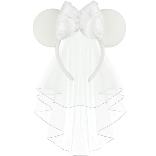 LIHELEI Bridal Veil Mouse Ear Headband, Minnie Headband for Honeymoon Wedding, Bachelorette Party Headpiece for Women Girls-White