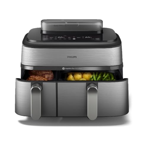 Philips Airfryer 5000 Series Dual Basket met stoom – Airfry, Stoom & Steamfry, Auto SteamClean, 19 bereidingswijzen, 9L capaciteit, RapidAir Plus-technologie (NA552/00)