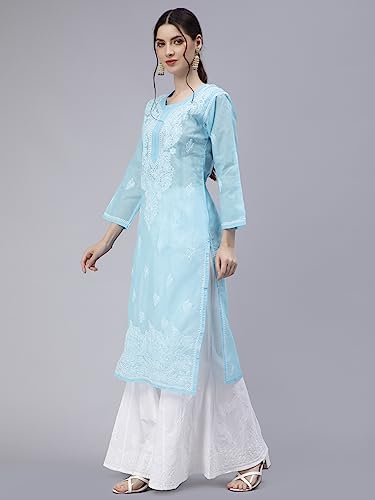 Image of Seva Chikan Hand Embroidered Lucknowi Chikankari Cotton Kurta Kurti for Women SCL4316