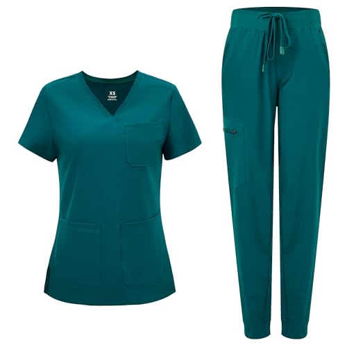 COZYFIT Medical Scrubs for Women Set - Curved V-Neck Scrub Top & Jogger Pants with 8 Pockets - Caribbean Blue M
