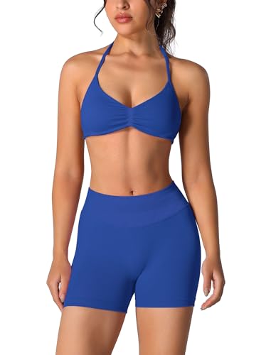 Image of ABOCIW Womens Seamless Workout Sets 2 Piece Strappy Halter Sports Bra Scrunch Butt Shorts Gym Yoga Outfits