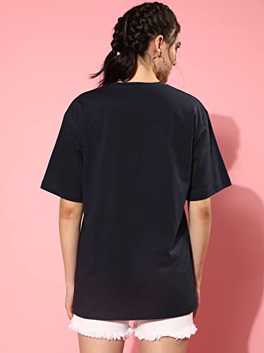 Image of JUNEBERRY Pure Cotton Oversized Drop Shoulder Brand Logo Typography Print Round-Neck Baggy Fit T-Shirt for Women (Available in Navy, Green & Pink Colors)