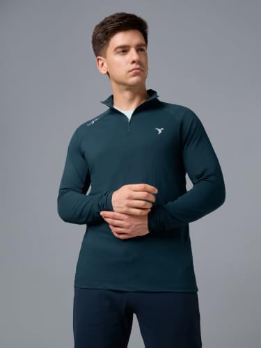 Image of TECHNOSPORT Men's Solid Quarter Zip Gym Slim Fit Active Sports T-Shirt with COTFLEX Full Sleeve Cotton Feel Polyester 4-Way Stretch Memory Fabric Lightweight Workout Running Training
