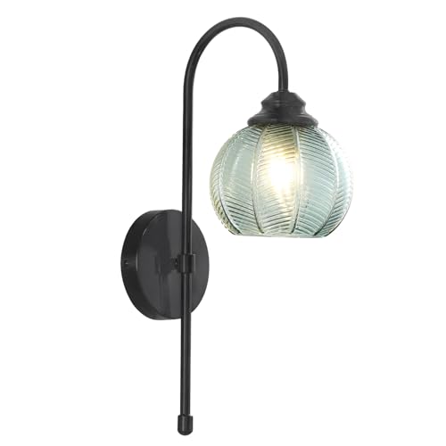 Image of KCO Lighting Vintage Green Glass Wall Sconce Black Globe Sconce Mid Century Modern Long Wall Light Fixture for Living Room Bedroom Bathroom