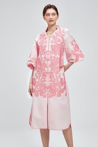 D-Sun Women Floral Embroidery Mid Dress Casual V-Neck 3/4 Sleeves Fall Winter Tunic Loose Zip Party Dress with Pocket3