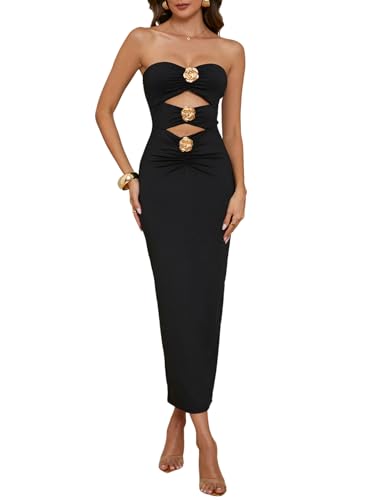 Image of Milumia Women's Metal Cut Out Strapless Tube Top Dress Bodycon Maxi Dresses Party Cocktail