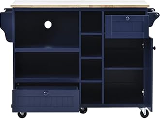 LUMISOL Kitchen Island Cart with Solid Wood Top and Storage Cabinet Mobile Kitchen Cart with Microwave Storage for Dining Room Living Room Dark Blue