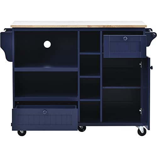LUMISOL Kitchen Island Cart with Solid Wood Top and Storage Cabinet Mobile Kitchen Cart with Microwave Storage for Dining Room Living Room Dark Blue