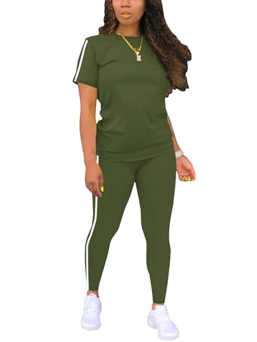 BNGPIKLY Lounge Sets for Women 2 Piece Summer Casual Colorblock Jogger Workout Short Tops Long Pants Leggings Set Green L