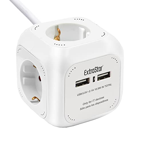 EXTRASTAR 6 en 1 Cubo Regleta Enchufe con USB de 4 Enchufes + 2 Puertos USB 5V, 1.5M, MAX 3680W, 16A, Blanco, para Hogar Oficina
