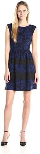 London Times Women's Cap Sleeve Round Neck Jacquard Fit & Flare Dress