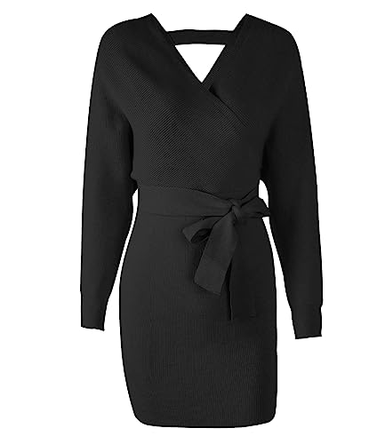 Mansy Women's Sexy Cocktail Batwing Long Sleeve Backless Mock Wrap Knit Sweater Mini Dress (M, Black) #TOP7