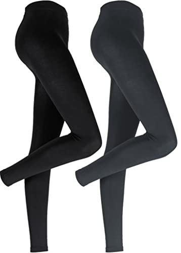 Pack de 2 leggings térmicos para mujer con forro polar interior suave | cálido | algodón liso, Negro y gris., S-M Cover