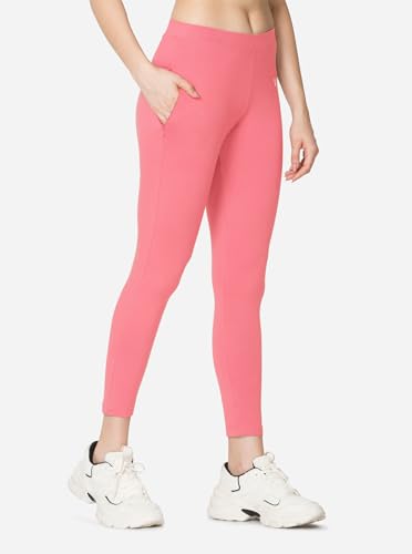 Image of VSTAR PL02 Women Ankle Length Stretchable Slim Fit Leggings with Secured Side Pocket | Moisture-Wicking | Soft Waistband & Cotton-Elastane Fabric | L | Shell Pink