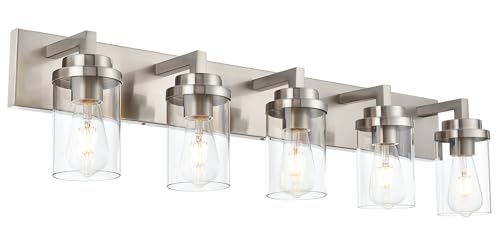Image of MELUCEE 5-Light Bathroom Vanity Light Brushed Nickel Finish with Clear Glass Shade, Modern Wall Mount Light Fixtures for Bedroom Powder Room Hallway