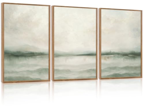 TOARTi Large Framed Misty Green Mountain Lake Canvas Wall Art,Watercolor