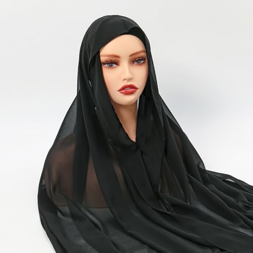 حجاب شيفون فوري للنساء مع مغناطيس مدمج ومخيط تحت غطاء الرأس تحت الوشاح (اسود)