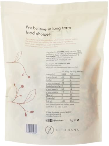 Keto Hana Vanilla & Pink Himalyan Salt Keto Granola Keto Diet Vegan Grain Free Dairy Free Plant Based No Refined Sugars Gluten Free 1.1g Net Carbs Breakfast Cereal - Bulk, Family Pack 1kg/2.2lbs - Image 3