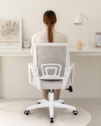 Image of NEO CHAIR Office Desk Computer Chair Ergonomic Mesh Gaming Cushion Seat with Comfy Lumbar Mid Back Support Adjustable Height Swivel Rolling Wheels for Home Task (Ivory)