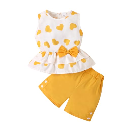 GOLLUNER Kids Girl Clothes Heart Print Sleeveless Shirt and Solid Colour Shorts Girls Summer Outfits Short Set(6-7T)