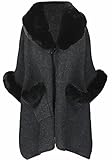 Iristide Women Poncho with Pocket Warm Cashmere Cardigan Cape with Rabbit Fur (P-Black)