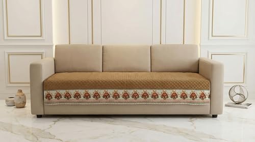 Image of Velvet Quilted Sofa Cover Mat Seat & Back, L Shape 3+2, Main L69in Chaise L46in H32in, Gold Color,Anti Skid Backing, 6in Hanging Strap Design, Washable Soft, Style -Gold-L32