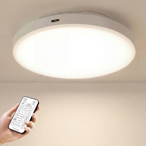 10 000mAh Rechargeable Radar Motion Sensor Ceiling Light with Remote 7.68 Wireless LED Light No Wiring 3 Color Temperatures Dimmable Always-on Mode Battery Powered for Shower Closet Shed Garage