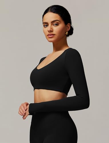 Image of ABOCIW Women Square Neck Long Sleeve Workout Crop Top Low Medium Impact Athletic Yoga Gym Shirts with Built in Bra(ONLY TOP)