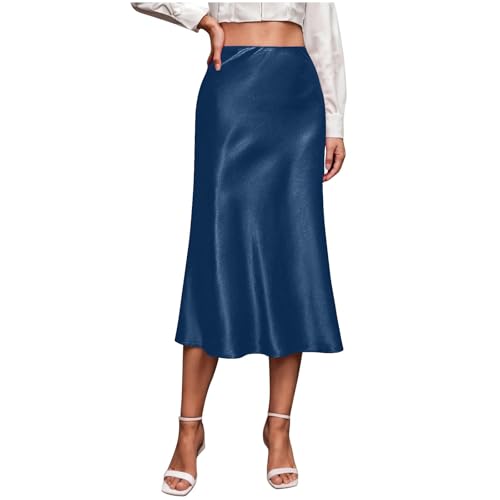 Womens Midi Long Skirt Silk Satin High Waisted Elastic Skirts Casual Lightweight A Line Dress Semi Formal Outfits